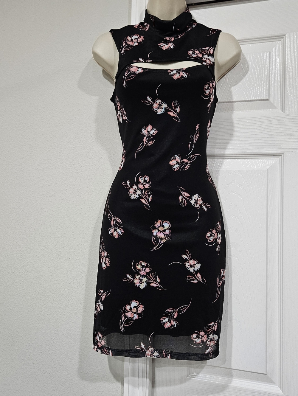 Bar III Black Mini Dress with Pink Floral Print and Cutout